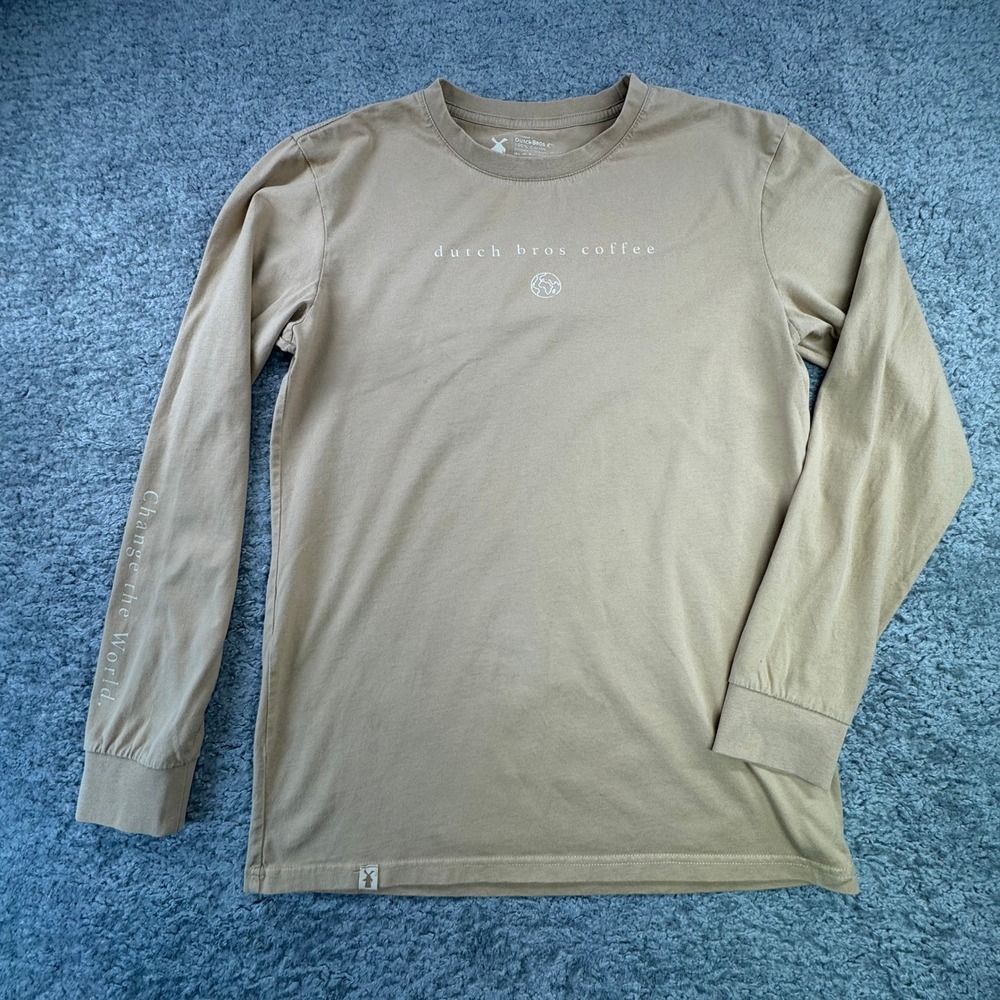 Dutch Bros Coffee Mens Long Sleeve T Shirt Graphic‎ Tee Tan Medium